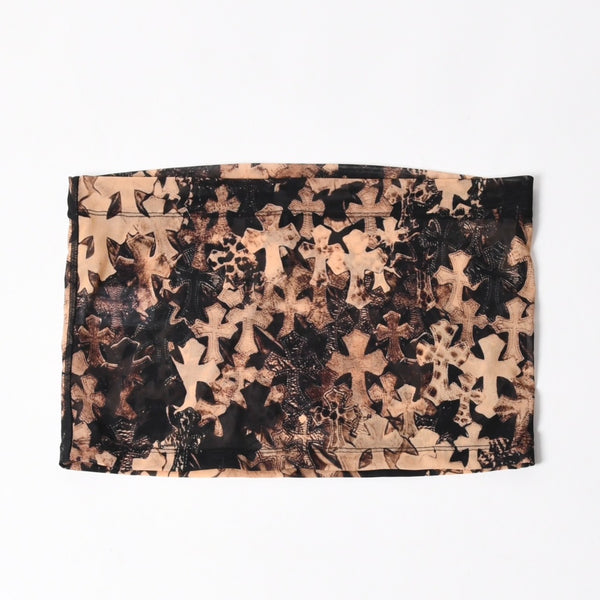 新品未使用 CHROME HEARTS クロムハーツ All Over Cross Print Mesh Mini Skirt セメタリークロス シアーメッシュ生地 タイトミニスカート ブラック ブラウン Sサイズ 中古 4a005224