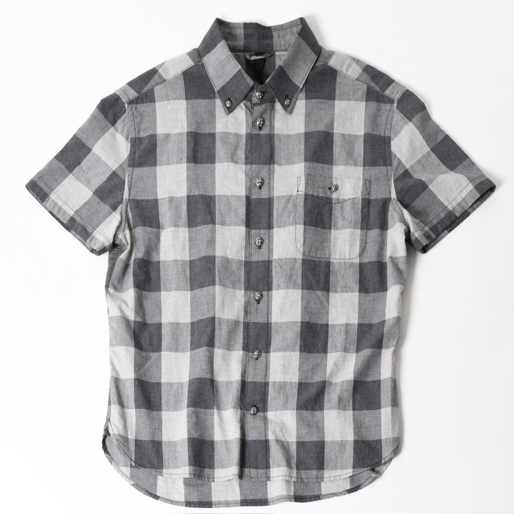 極美品 CHROME HEARTS クロムハーツ ブロックチェック柄 半袖シャツ クロスボールボタン CHプラス グレー ブラック Lサイズ シルバー925 中古 4a005231