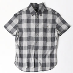 極美品 CHROME HEARTS クロムハーツ ブロックチェック柄 半袖シャツ クロスボールボタン CHプラス グレー ブラック Lサイズ シルバー925 中古 4a005231