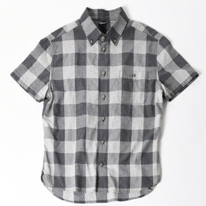 極美品 CHROME HEARTS クロムハーツ ブロックチェック柄 半袖シャツ クロスボールボタン CHプラス グレー ブラック Lサイズ シルバー925 中古 4a005231