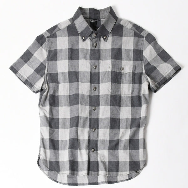極美品 CHROME HEARTS クロムハーツ ブロックチェック柄 半袖シャツ クロスボールボタン CHプラス グレー ブラック Lサイズ シルバー925 中古 4a005231