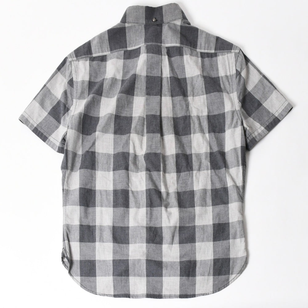 極美品 CHROME HEARTS クロムハーツ ブロックチェック柄 半袖シャツ クロスボールボタン CHプラス グレー ブラック Lサイズ シルバー925 中古 4a005231