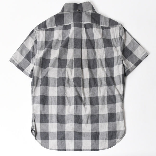 極美品 CHROME HEARTS クロムハーツ ブロックチェック柄 半袖シャツ クロスボールボタン CHプラス グレー ブラック Lサイズ シルバー925 中古 4a005231
