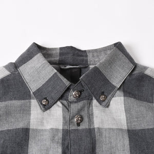 極美品 CHROME HEARTS クロムハーツ ブロックチェック柄 半袖シャツ クロスボールボタン CHプラス グレー ブラック Lサイズ シルバー925 中古 4a005231
