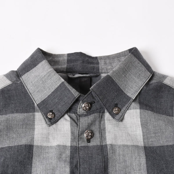 極美品 CHROME HEARTS クロムハーツ ブロックチェック柄 半袖シャツ クロスボールボタン CHプラス グレー ブラック Lサイズ シルバー925 中古 4a005231