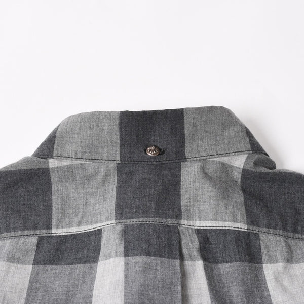 極美品 CHROME HEARTS クロムハーツ ブロックチェック柄 半袖シャツ クロスボールボタン CHプラス グレー ブラック Lサイズ シルバー925 中古 4a005231