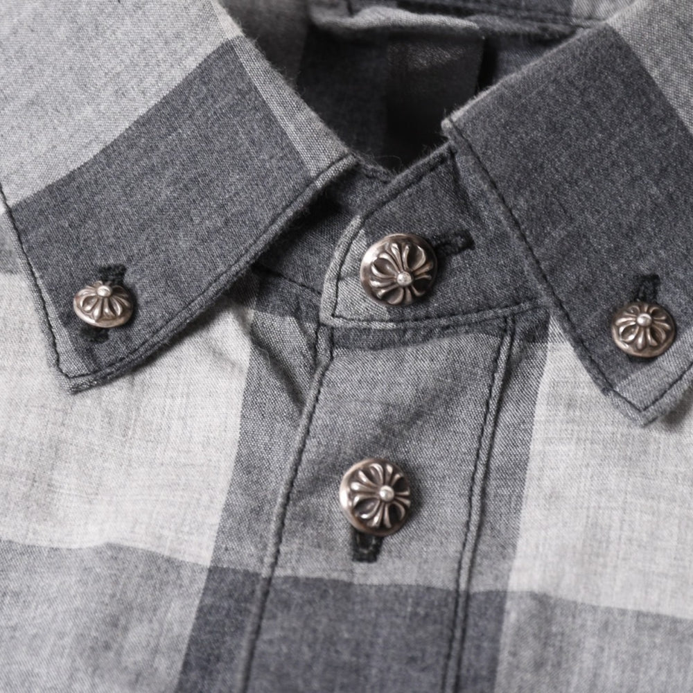 Very Good Condition CHROME HEARTS Block Plaid Short Sleeve Shirt Cross Ball Button CH Plus Gray Black L Size Silver 925 Used 4a005231