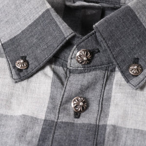 極美品 CHROME HEARTS クロムハーツ ブロックチェック柄 半袖シャツ クロスボールボタン CHプラス グレー ブラック Lサイズ シルバー925 中古 4a005231