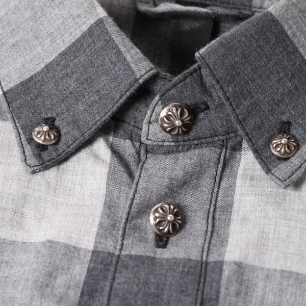 極美品 CHROME HEARTS クロムハーツ ブロックチェック柄 半袖シャツ クロスボールボタン CHプラス グレー ブラック Lサイズ シルバー925 中古 4a005231