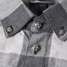 画像をギャラリービューアに読み込む, 極美品 CHROME HEARTS クロムハーツ ブロックチェック柄 半袖シャツ クロスボールボタン CHプラス グレー ブラック Lサイズ シルバー925 中古 4a005231