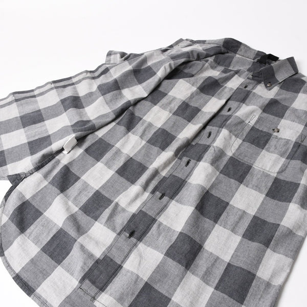 極美品 CHROME HEARTS クロムハーツ ブロックチェック柄 半袖シャツ クロスボールボタン CHプラス グレー ブラック Lサイズ シルバー925 中古 4a005231