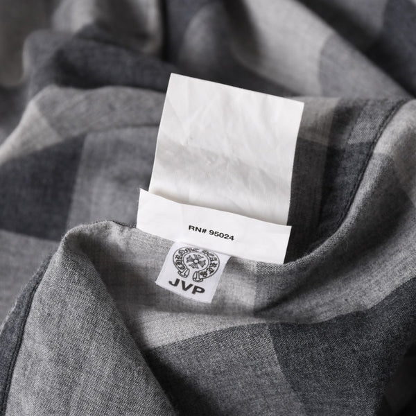 極美品 CHROME HEARTS クロムハーツ ブロックチェック柄 半袖シャツ クロスボールボタン CHプラス グレー ブラック Lサイズ シルバー925 中古 4a005231