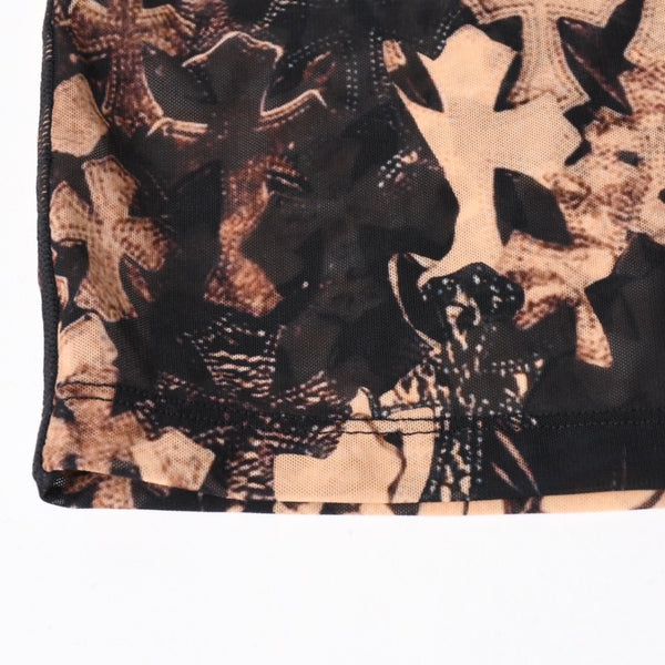 新品未使用 CHROME HEARTS クロムハーツ All Over Cross Print Mesh Mini Skirt セメタリークロス シアーメッシュ生地 タイトミニスカート ブラック ブラウン Sサイズ 中古 4a005224