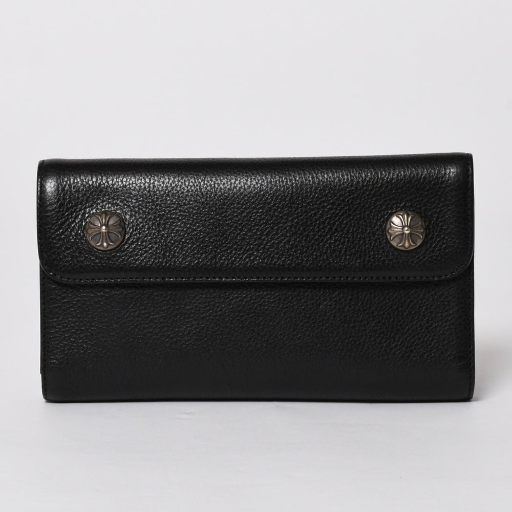 新品未使用 CHROME HEARTS クロムハーツ WAVE CROSS BALL ウェーブ クロスボールボタン レザーウォレット 長財布 ダガー ブラック 中古 4a005554