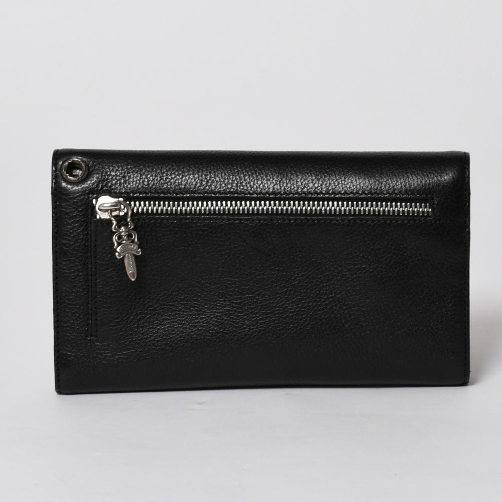 新品未使用 CHROME HEARTS クロムハーツ WAVE CROSS BALL ウェーブ クロスボールボタン レザーウォレット 長財布 ダガー ブラック 中古 4a005554