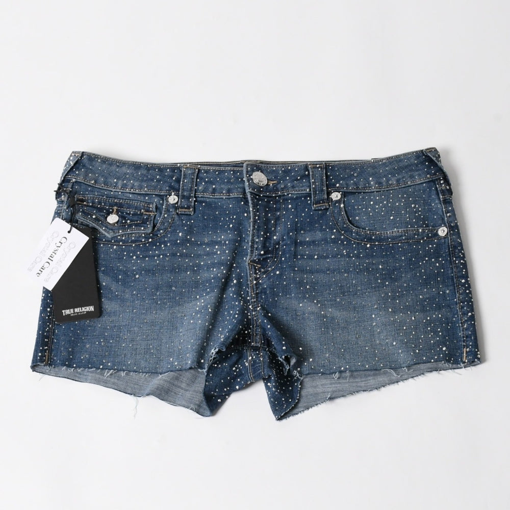 New and unused TRUE RELIGION JOEY Low Rise Cut-Off Short Shorts Cotton Rhinestone Blue Size 31 Used 4a005499
