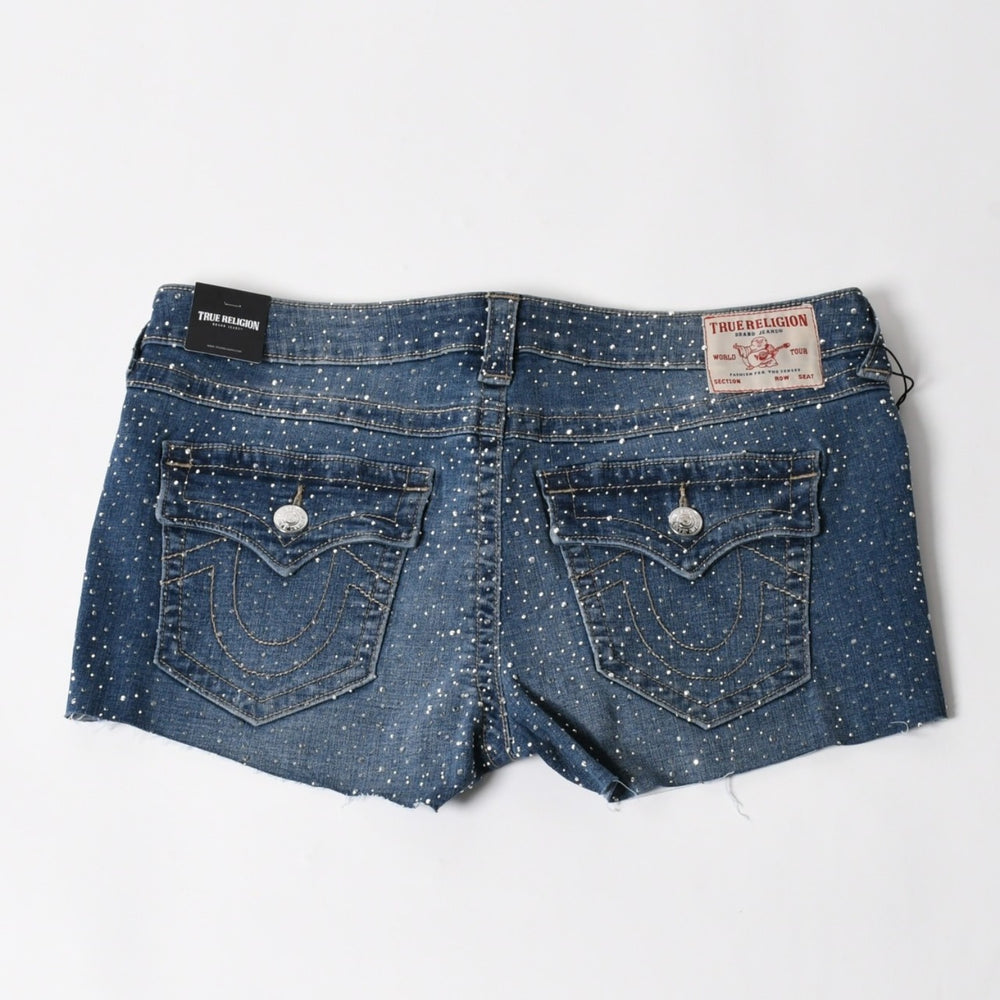 New and unused TRUE RELIGION JOEY Low Rise Cut-Off Short Shorts Cotton Rhinestone Blue Size 31 Used 4a005499
