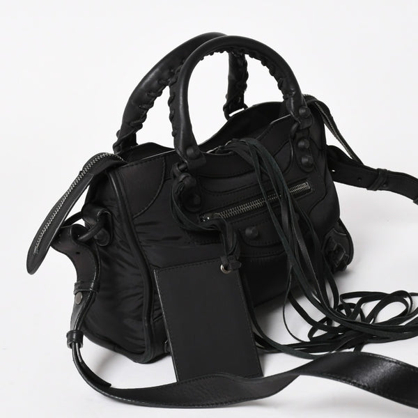 BALENCIAGA Classic Mini City Nylon Leather 2WAY Handbag Shoulder Bag Black 300295 Good Condition Used 4a005557