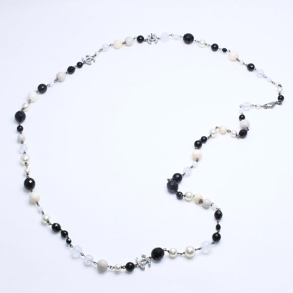 Mint condition CHANEL faux pearls with Coco Mark&ブRack Beads Long Necklace, White, Black, Clear Rhinestones, Used, 4a005552