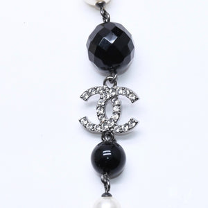 Mint condition CHANEL faux pearls with Coco Mark&ブRack Beads Long Necklace, White, Black, Clear Rhinestones, Used, 4a005552