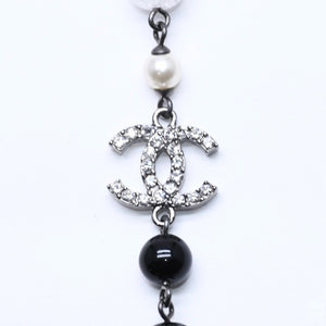 Mint condition CHANEL faux pearls with Coco Mark&ブRack Beads Long Necklace, White, Black, Clear Rhinestones, Used, 4a005552