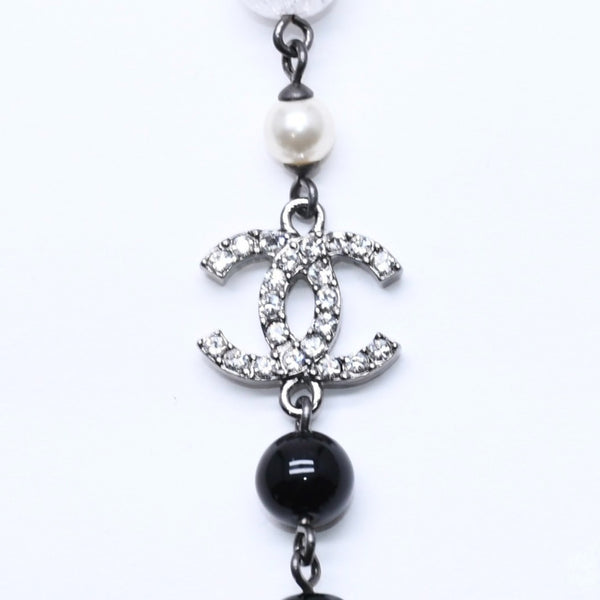 Mint condition CHANEL faux pearls with Coco Mark&ブRack Beads Long Necklace, White, Black, Clear Rhinestones, Used, 4a005552