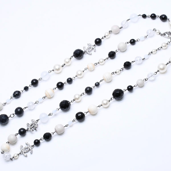 Mint condition CHANEL faux pearls with Coco Mark&ブRack Beads Long Necklace, White, Black, Clear Rhinestones, Used, 4a005552