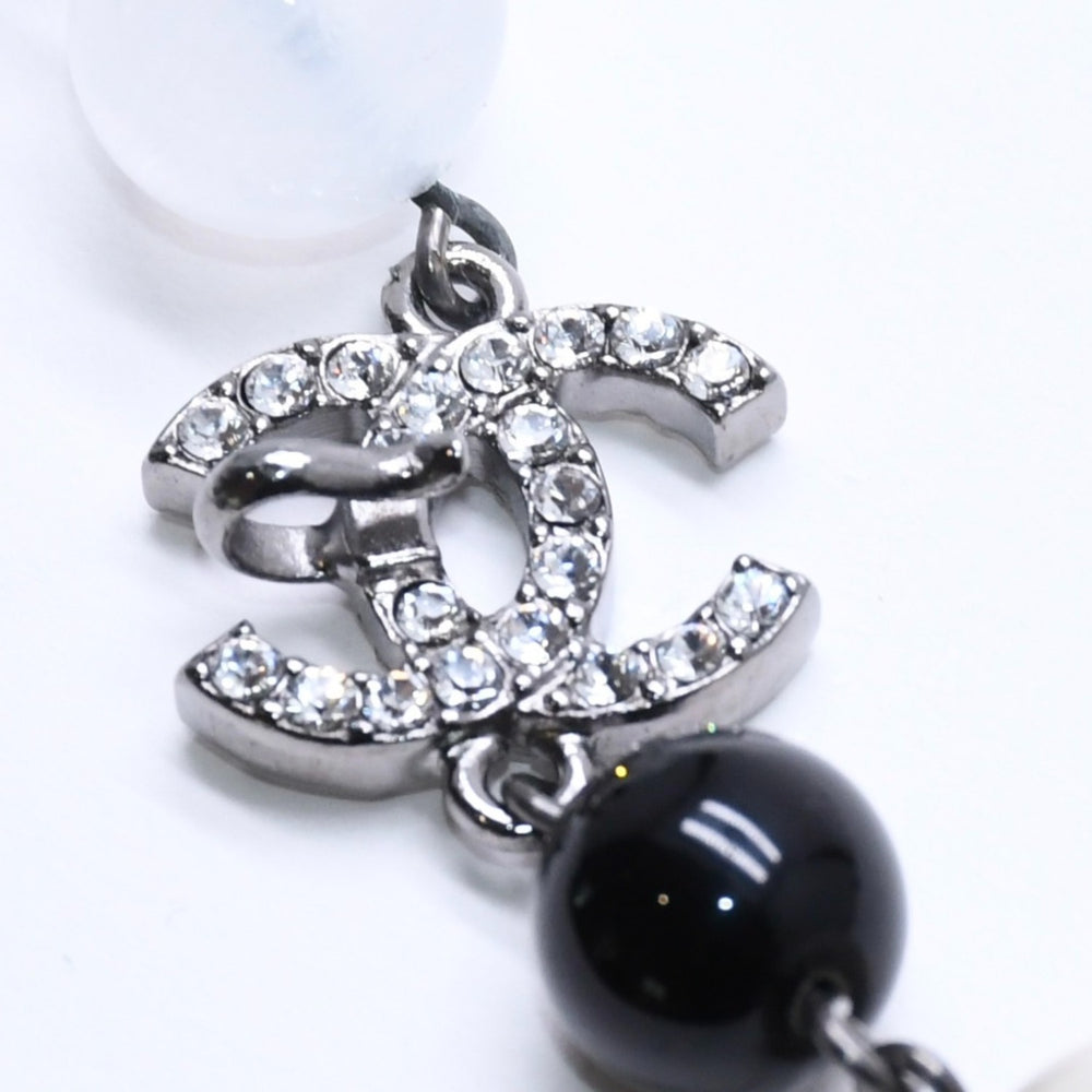 極美品 CHANEL シャネル ココマーク付きフェイクパール&ブラックビーズ ロングネックレス ホワイト ブラック クリア ラインストーン 中古 4a005552