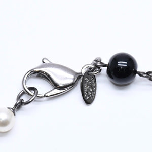 Mint condition CHANEL faux pearls with Coco Mark&ブRack Beads Long Necklace, White, Black, Clear Rhinestones, Used, 4a005552