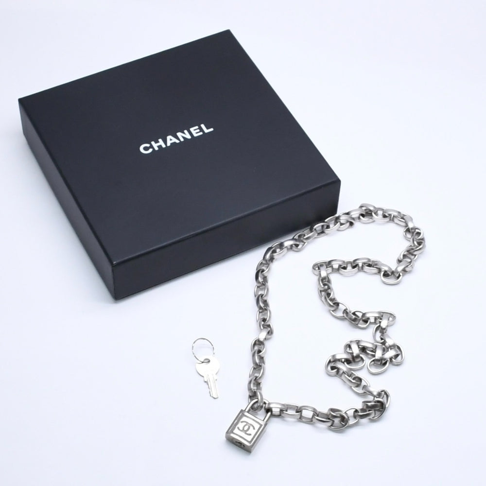 CHANEL Necklace Silver Chain Padlock Here Mark 193.9g Metal Silver Hardware Good Condition Used 4a005547