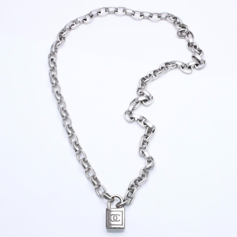 CHANEL Necklace Silver Chain Padlock Here Mark 193.9g Metal Silver Hardware Good Condition Used 4a005547
