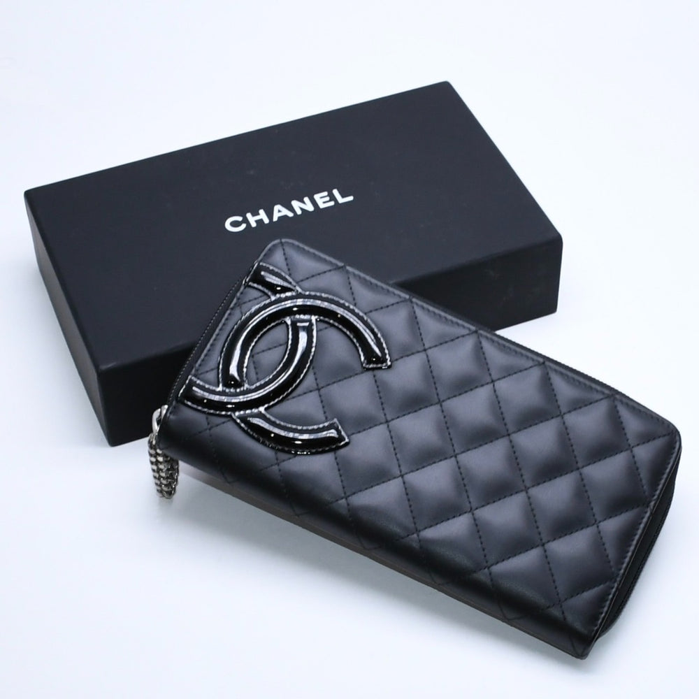 Like new CHANEL Cambon Line Round Zip Wallet Long Wallet A50078 19th Calfskin Black Silver Hardware Used 4a005664