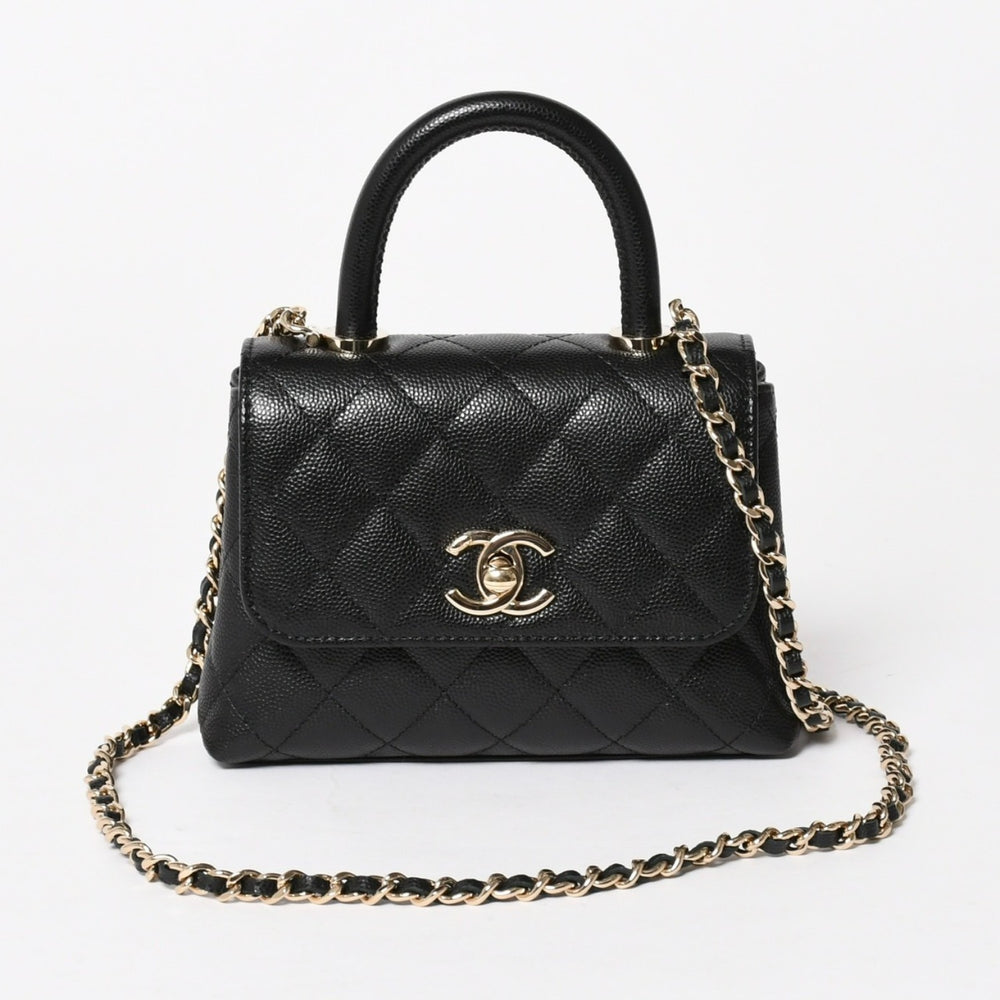 Like new CHANEL Coco Handle 16 Nano 2WAY Bag Random Number Coco Mark Caviar Skin Black Gold Hardware Used 4a005641