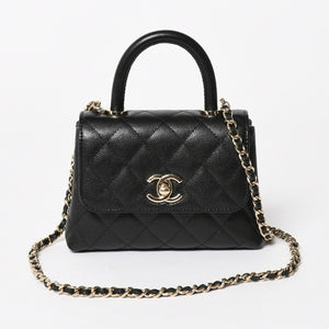 新品同様 CHANEL シャネル ココハンドル16 Nano 2WAYバッグ ランダム番台 ココマーク キャビアスキン ブラック ゴールド金具 中古 4a005641