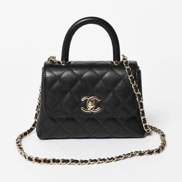 新品同様 CHANEL シャネル ココハンドル16 Nano 2WAYバッグ ランダム番台 ココマーク キャビアスキン ブラック ゴールド金具 中古 4a005641