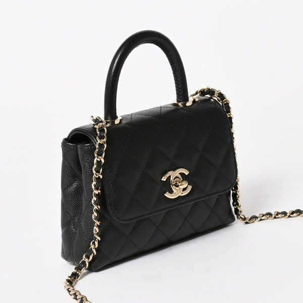 新品同様 CHANEL シャネル ココハンドル16 Nano 2WAYバッグ ランダム番台 ココマーク キャビアスキン ブラック ゴールド金具 中古 4a005641