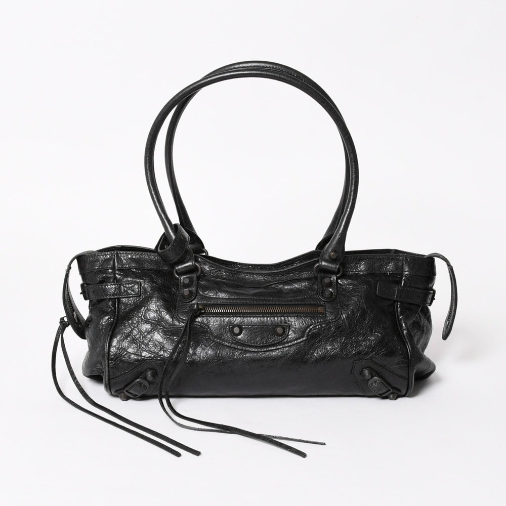 極美品 BALENCIAGA バレンシアガ Le Cityn East-West アリーナ ラムスキン ブラスハードウェア 8457042 ブラック シルバー金具 中古 4a005472
