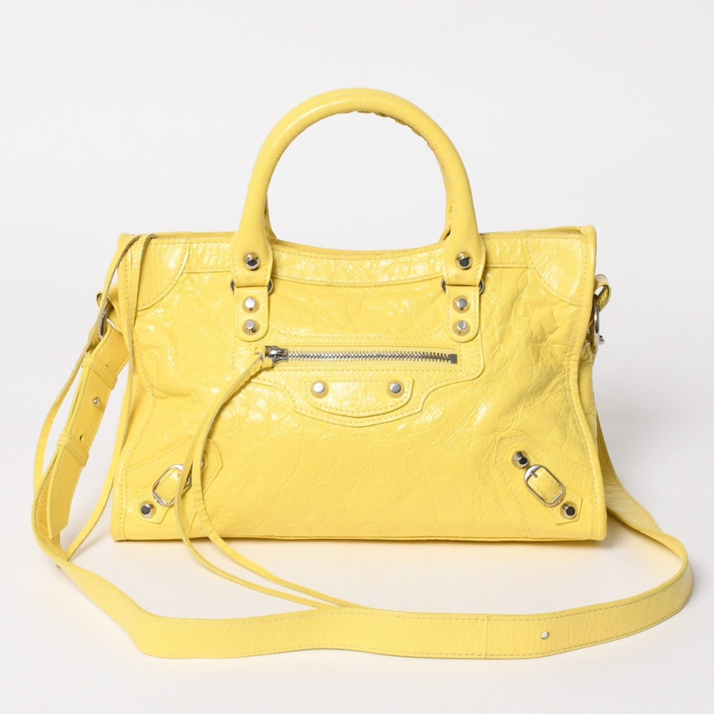 極美品 BALENCIAGA バレンシアガ Le City レ シティ バッグ スモール 2WAYバッグ 7977892 アリーナラムスキン イエロ シルバー金具 中古 4a005463