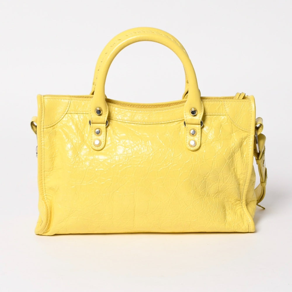 極美品 BALENCIAGA バレンシアガ Le City レ シティ バッグ スモール 2WAYバッグ 7977892 アリーナラムスキン イエロ シルバー金具 中古 4a005463