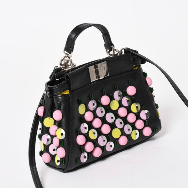 FENDI フェンディ マイクロ ピーカブー 2WAY ハンドバッグ ショルダーバッグ 8M0355 スタッズ ピンク イエロー シルバー金具 美品 中古 4a004883
