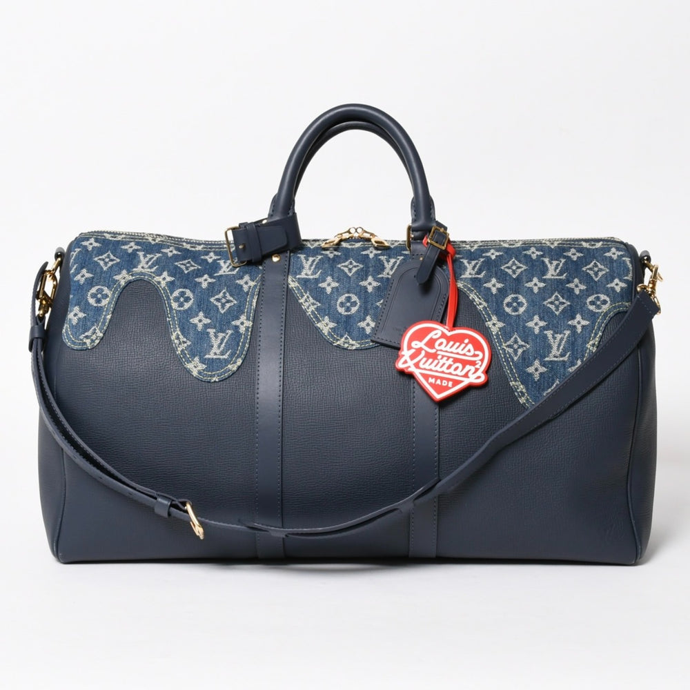極美品 LOUIS VUITTON ルイヴィトン × NIGO キーポル バンドリエール50 M45975 ボストンバッグ モノグラムデニム レザー ネイビー ゴールド金具 中古 4a005642