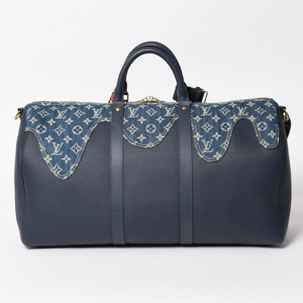 極美品 LOUIS VUITTON ルイヴィトン × NIGO キーポル バンドリエール50 M45975 ボストンバッグ モノグラムデニム レザー ネイビー ゴールド金具 中古 4a005642