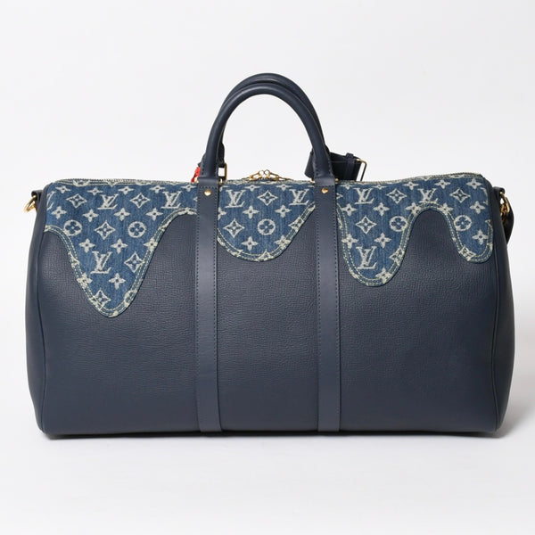 Very good condition LOUIS VUITTON × NIGO Keepall Bandouliere 50 M45975 Boston bag Monogram denim leather Navy Gold hardware Used 4a005642