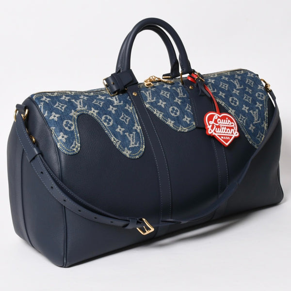 Very good condition LOUIS VUITTON × NIGO Keepall Bandouliere 50 M45975 Boston bag Monogram denim leather Navy Gold hardware Used 4a005642
