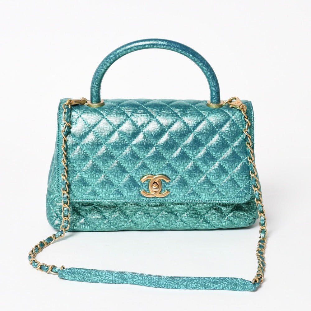 極美品 CHANEL シャネル ココハンドル 29 2WAYバッグ 28番台 ココマーク キャビアスキン メタリックグリーン ゴールド金具 中古 4a005666