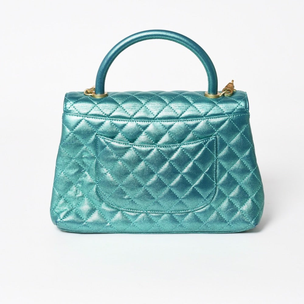 極美品 CHANEL シャネル ココハンドル 29 2WAYバッグ 28番台 ココマーク キャビアスキン メタリックグリーン ゴールド金具 中古 4a005666