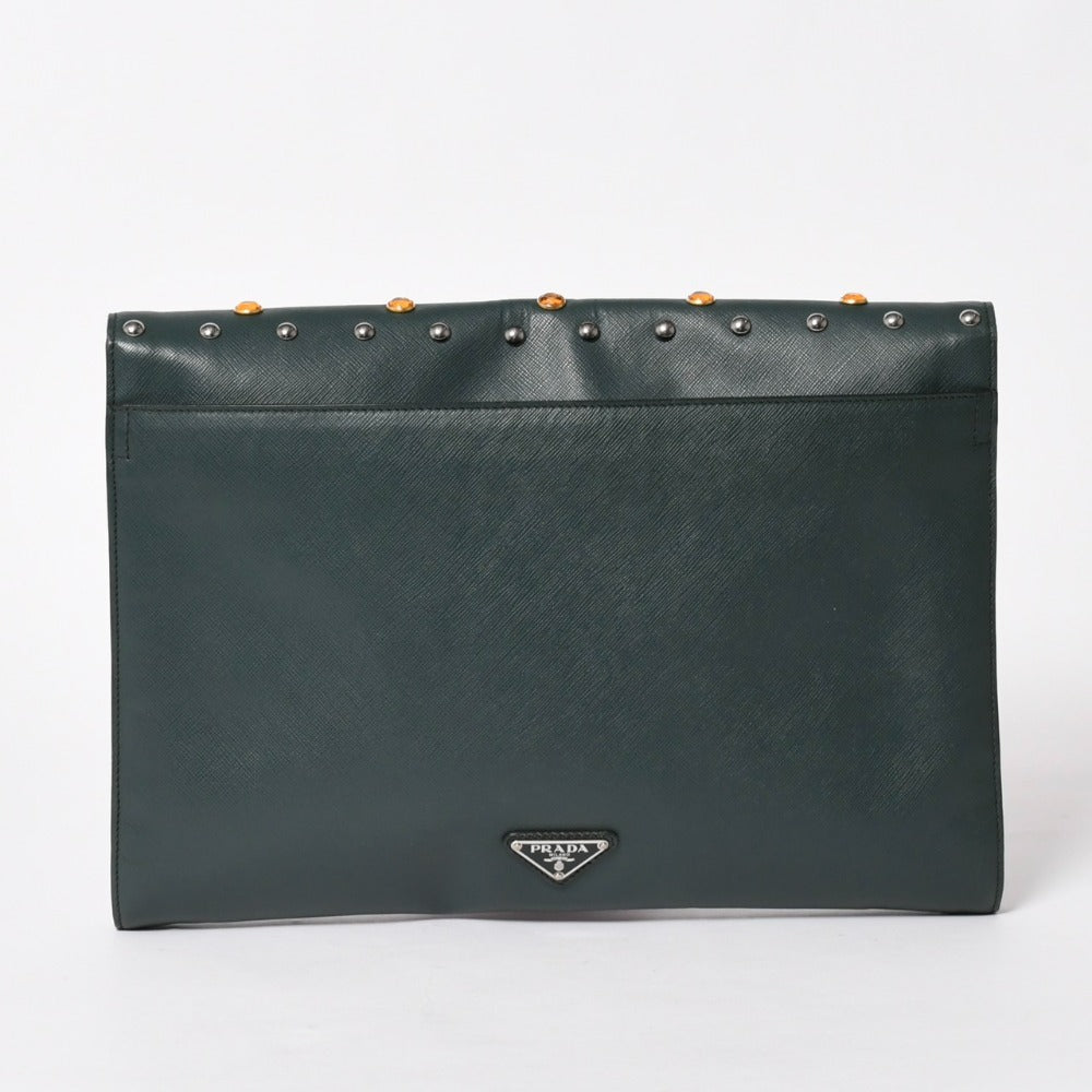 PRADA プラダ クラッチバッグ スタッズ ラインストーン サフィアーノレザー トライアングルロゴ ダークグリーン 美品 中古 4a005637