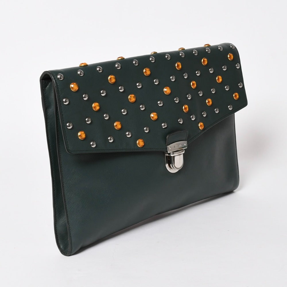 PRADA Prada Clutch Bag Studs Rhinestone Saffiano Leather Triangle Logo Dark Green Good Condition Used 4a005637
