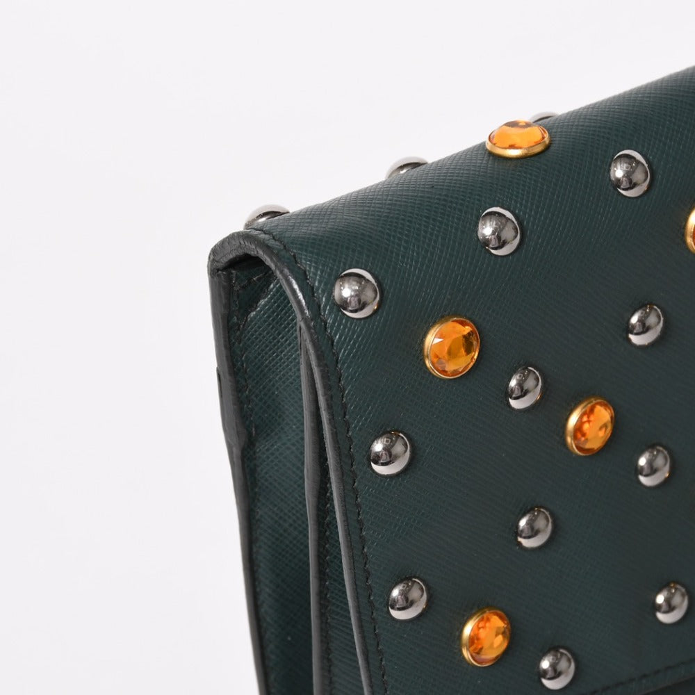 PRADA Prada Clutch Bag Studs Rhinestone Saffiano Leather Triangle Logo Dark Green Good Condition Used 4a005637