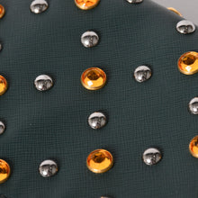 将图片加载到图库查看器，PRADA プラダ クラッチバッグ スタッズ ラインストーン サフィアーノレザー トライアングルロゴ ダークグリーン 美品 中古 4a005637